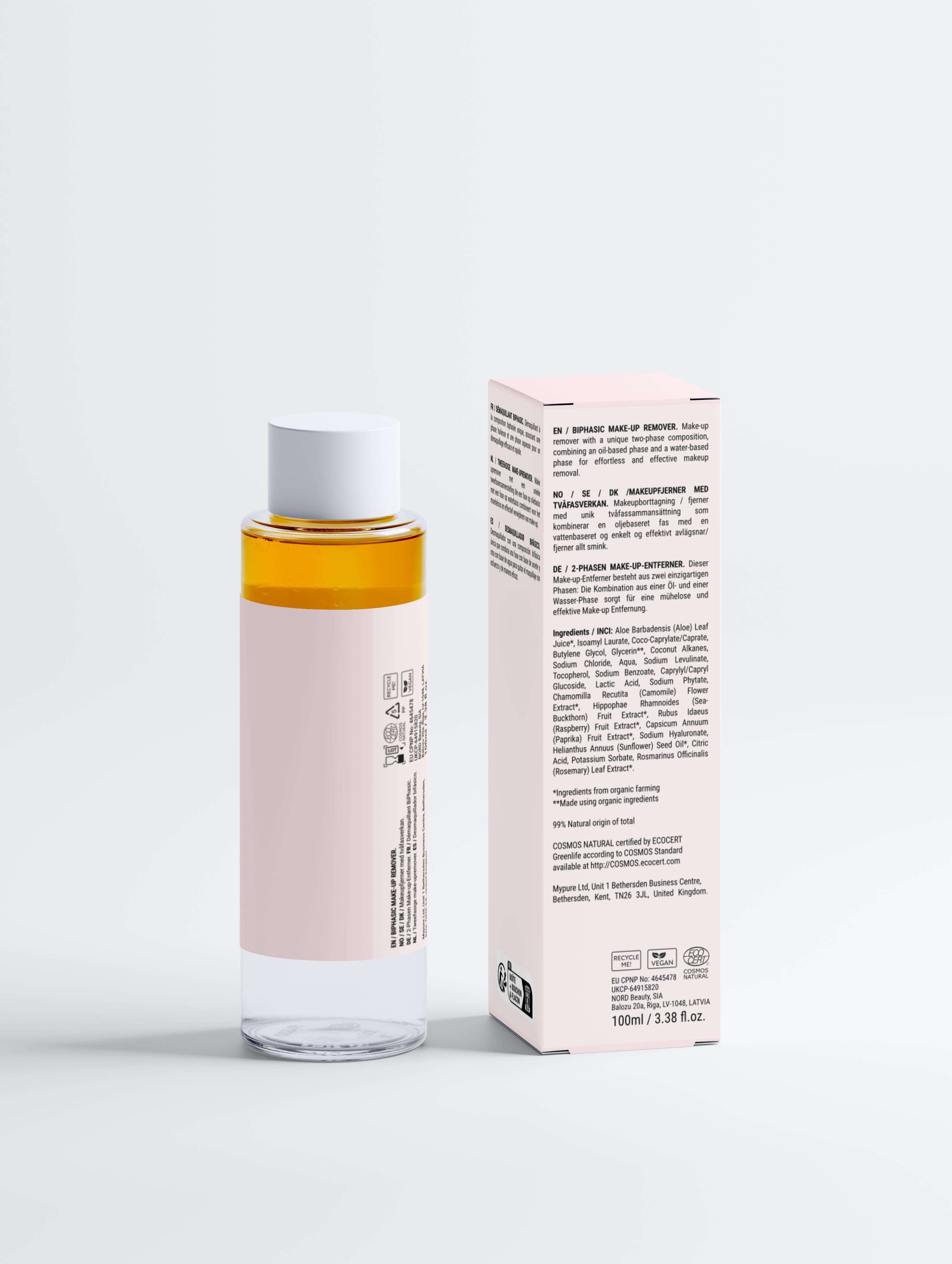 Two-phase makeup remover bottle with hydrating aloe and hyaluronic acid formula